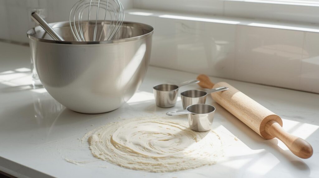 Basic baking equipment laid out on counter