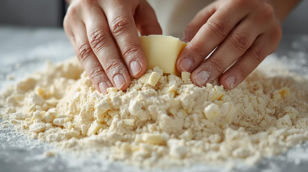 hands rubbing butter into flour