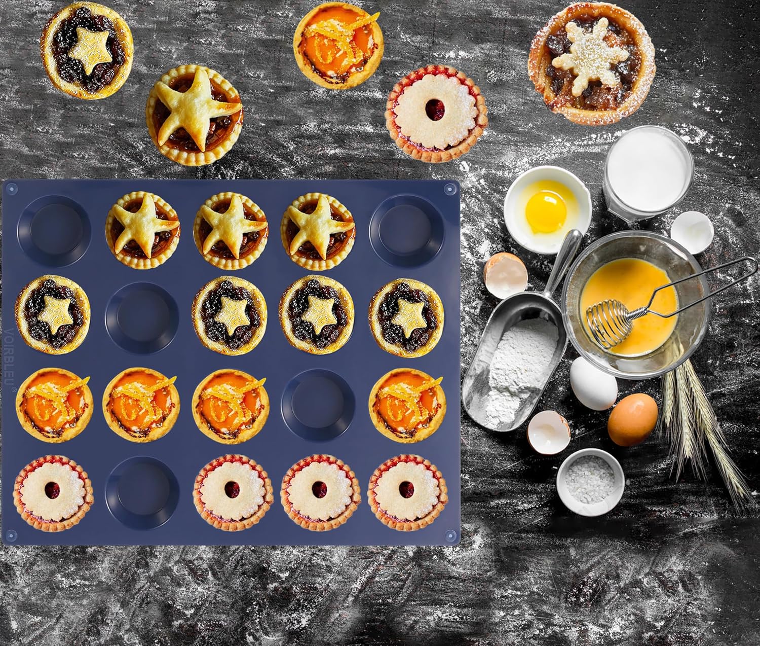 VOIRBLEU Silicone Mini Tart Mold 2 inch blue food grade baking pan mince pie fruit tart