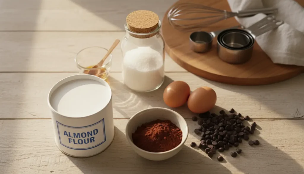 A beautifully arranged flat lay of essential baking ingredients for an almond flour chocolate cake. In the foreground, place a container of almond flour alongside a bowl of rich cocoa powder, and scattered chocolate chips glistening in warm light. In the middle, include a glass jar of granulated sugar, a few eggs in their shells, and a small dish of vanilla extract, all artfully arranged. In the background, softly blurred baking tools such as a whisk and measuring cups sit beside a wooden cutting board. The scene is illuminated with natural sunlight, creating a warm, inviting atmosphere. The overall mood is cozy and creative, perfect for inspiring bakers to gather their ingredients and start baking. A beautifully arranged flat lay of essential baking ingredients for an almond flour chocolate cake. In the foreground, place a container of almond flour alongside a bowl of rich cocoa powder, and scattered chocolate chips glistening in warm light. In the middle, include a glass jar of granulated sugar, a few eggs in their shells, and a small dish of vanilla extract, all artfully arranged. In the background, softly blurred baking tools such as a whisk and measuring cups sit beside a wooden cutting board. The scene is illuminated with natural sunlight, creating a warm, inviting atmosphere. The overall mood is cozy and creative, perfect for inspiring bakers to gather their ingredients and start baking.