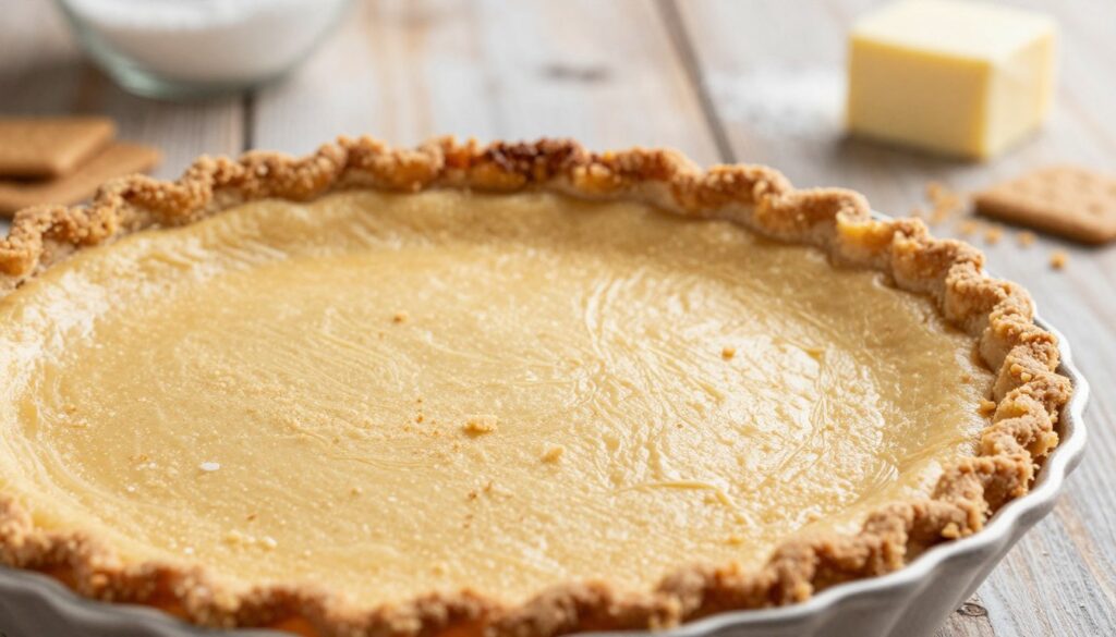 A beautifully arranged graham cracker crust sits prominently in the foreground, showcasing its crumbly texture and golden-brown color. The crust is lightly pressed into a classic pie dish, with delicate, uneven edges that evoke a homemade feel. In the middle, soft, diffused natural lighting illuminates the crust, creating gentle shadows that emphasize its layered texture. Subtly blurred ingredients like sugar, butter, and crushed graham crackers can be seen in the background on a rustic wooden countertop, hinting at the preparation process. The atmosphere is warm and inviting, evoking a sense of comfort and the joy of baking. The angle is a slightly elevated shot, capturing the depth and richness of the crust without distraction, perfect for an article section focused on cheesecake preparation.