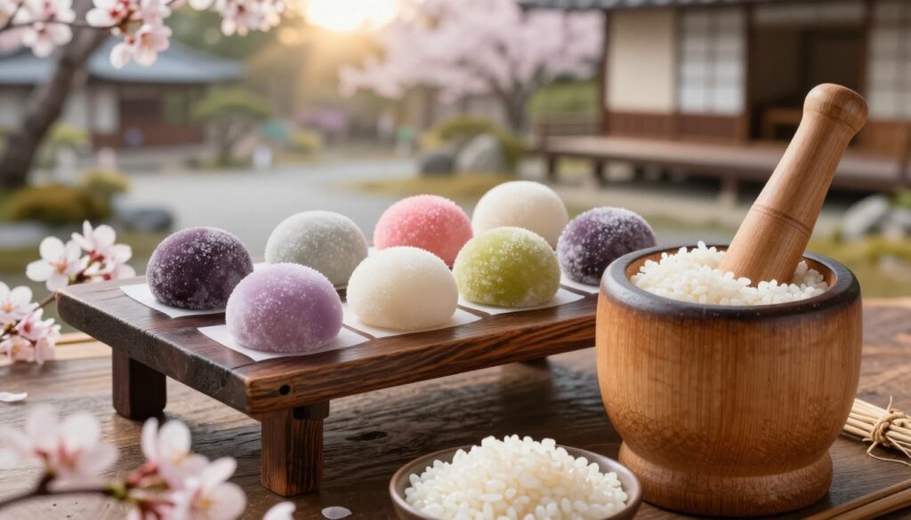 A beautifully arranged historical scene depicting the cultural roots of mochi. In the foreground, a traditional Japanese wooden mortar and pestle, with freshly pounded glutinous rice. The middle layer features a rustic table displaying colorful hand-made mochi in various flavors, surrounded by delicate cherry blossoms. In the background, traditional Japanese architecture and a serene garden can be seen, bathed in soft, warm afternoon light. A subtle hint of mist adds an ethereal quality to the atmosphere, evoking a sense of nostalgia. The composition should be captured from a slightly elevated angle, emphasizing the vibrant colors and textures of the mochi while maintaining a soft focus on the natural surroundings, creating a cozy and inviting mood.