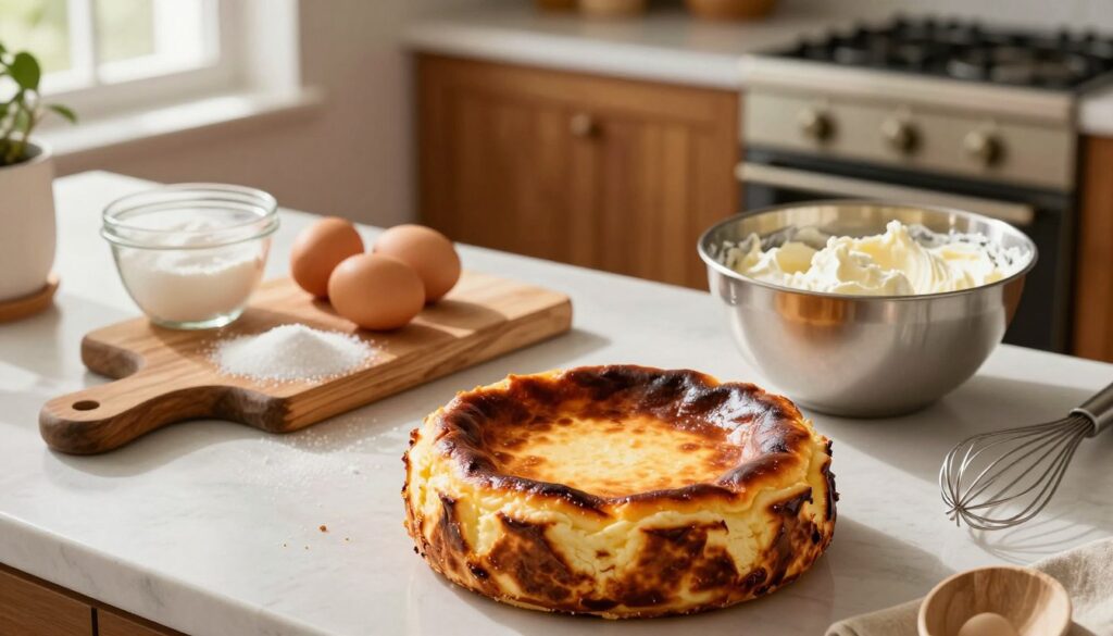 A beautifully arranged kitchen countertop showcasing the process of mastering a burnt basque cheesecake recipe. In the foreground, a freshly baked burnt basque cheesecake with a deep, caramelized top, exuding a warm, golden brown color. Surrounding it, essential baking tools such as a mixing bowl filled with cream cheese, eggs, sugar, and a whisk, hinting at the preparation steps. In the middle ground, a rustic wooden cutting board displays the ingredients with soft morning light illuminating the scene from a nearby window. The background features a cozy kitchen atmosphere with warm wood cabinetry and a vintage oven, creating an inviting and inspiring mood. The scene captures the essence of baking perfection, meticulously detailed with vibrant colors and soft shadows. The image should evoke a sense of warmth and creativity.