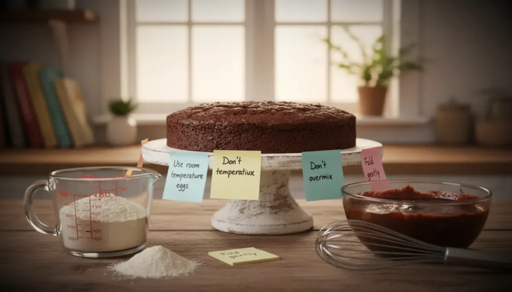 A beautifully arranged kitchen scene showcasing essential baking tools and ingredients to achieve the perfect almond flour chocolate cake texture. In the foreground, a wooden table displays a measuring cup filled with almond flour, a whisk, and a bowl of rich chocolate batter. In the middle, a freshly baked cake with a moist crumb sits on a cake stand, surrounded by tips written on colorful sticky notes, such as "Use room temperature eggs" and "Don't overmix". The background features a cozy kitchen with warm, soft lighting highlighting the inviting atmosphere. Use a light depth of field to emphasize the cake and baking tools, with a slight lens vignette effect to draw the viewer's eye to the baking tips and delicious cake. A beautifully arranged kitchen scene showcasing essential baking tools and ingredients to achieve the perfect almond flour chocolate cake texture. In the foreground, a wooden table displays a measuring cup filled with almond flour, a whisk, and a bowl of rich chocolate batter. In the middle, a freshly baked cake with a moist crumb sits on a cake stand, surrounded by tips written on colorful sticky notes, such as "Use room temperature eggs" and "Don't overmix". The background features a cozy kitchen with warm, soft lighting highlighting the inviting atmosphere. Use a light depth of field to emphasize the cake and baking tools, with a slight lens vignette effect to draw the viewer's eye to the baking tips and delicious cake.