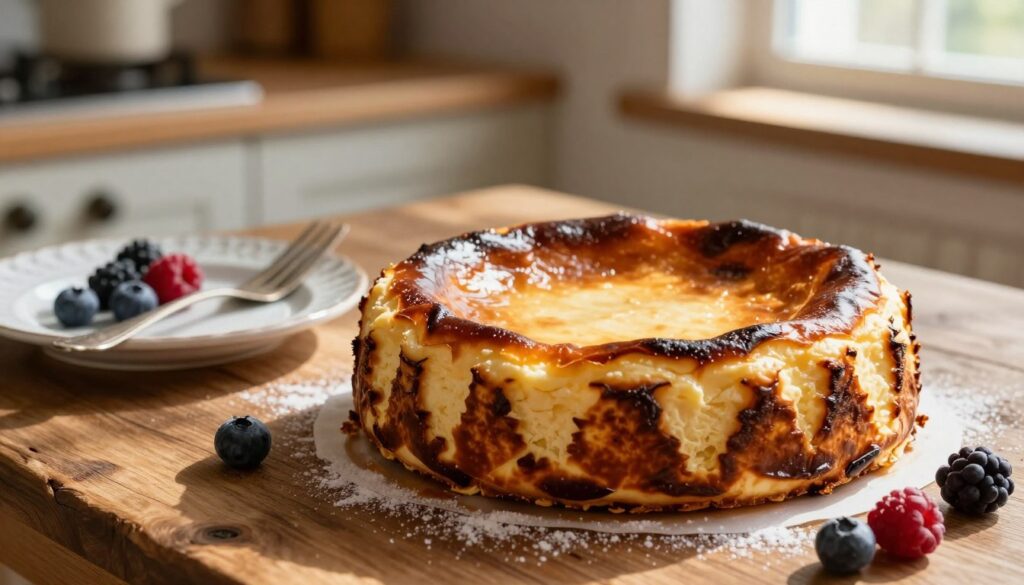A beautifully baked burnt Basque cheesecake, showcasing an irresistibly caramelized top with rich, dark brown edges and a creamy, slightly cracked surface. In the foreground, the cheesecake sits elegantly on a rustic wooden table, garnished with fresh berries and a sprinkle of powdered sugar. The lighting is warm and inviting, casting soft shadows that emphasize the cheesecake's glossy texture. In the middle of the scene, a vintage fork and a delicate white plate are artfully placed beside the cheesecake, enhancing the appetizing atmosphere. The background features a softly blurred kitchen scene, illuminated by natural light streaming in from a nearby window, creating a cozy, home-baking vibe. The overall mood exudes warmth and indulgence, perfect for capturing the essence of achieving that perfect caramelized top.