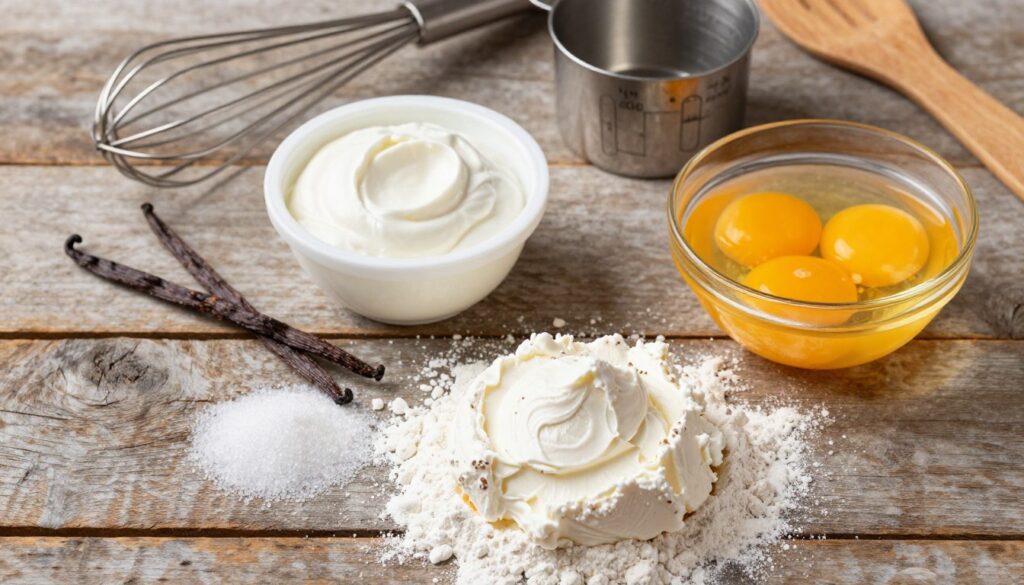 A beautifully composed flat lay image showcasing the essential ingredients for a Basque cheesecake. In the foreground, prominently display a creamy mound of fresh cream cheese, surrounded by scattered granulated sugar, a dusting of flour, and a bowl of vibrant egg yolks. The middle layer features a small tub of high-quality sour cream, alongside a vanilla bean pod sliced open, revealing its dark seeds. In the background, include a rustic wooden table with a vintage whisk, measuring cups, and a spatula, hinting at a baking environment. Soft, natural lighting highlights the textures and colors, creating a warm, inviting atmosphere perfect for culinary creativity.