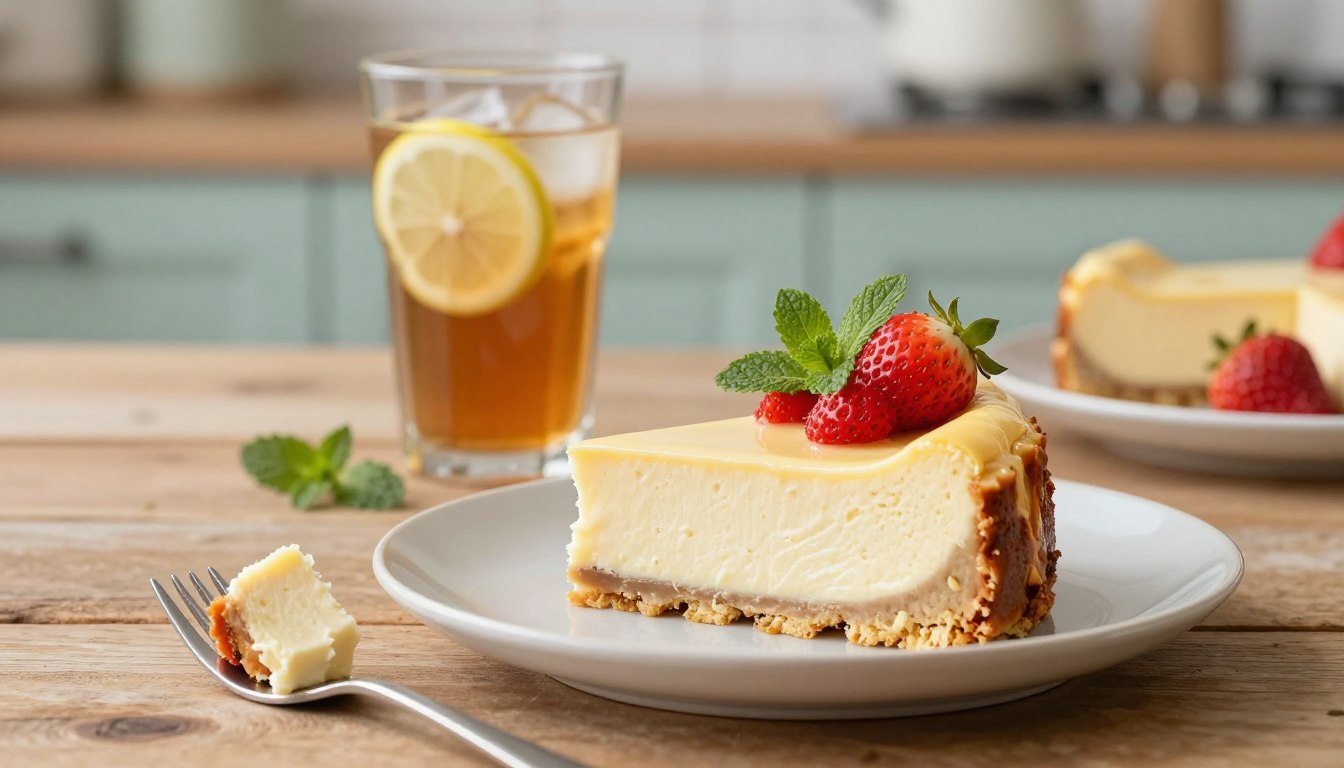 A beautifully plated slice of creamy no-bake cheesecake made with condensed milk, elegantly served on a rustic wooden table. The cheesecake, with a smooth, glossy top adorned with fresh strawberries and a sprig of mint, is placed on a delicate ceramic plate, highlighted by soft natural lighting. In the foreground, a fork with a bite-sized piece of cheesecake rests beside the plate, emphasizing the dessert's creamy texture. In the middle, a glass of iced tea with slices of lemon complements the presentation. The background features a softly blurred kitchen setting, with gentle pastel colors, evoking a warm, inviting atmosphere perfect for serving this delightful dessert. The scene captures a moment of indulgence, perfect for sharing with friends or family.