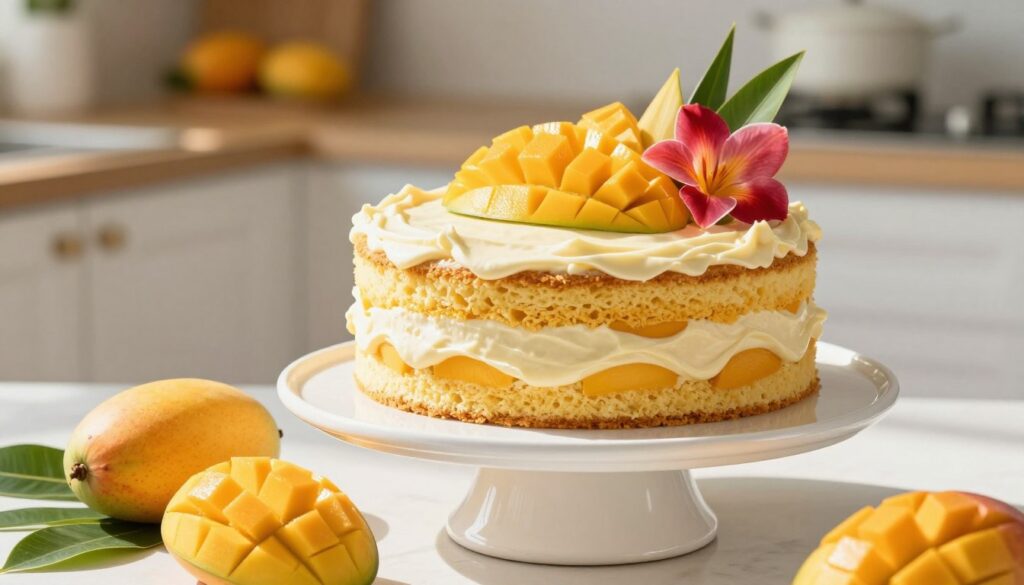 A beautifully presented tropical mango cake sits elegantly on a white ceramic cake stand, adorned with fresh mango slices and vibrant tropical flowers. The cake's layers are visible, showcasing a rich, golden sponge interspersed with creamy mango frosting. In the foreground, a few mangoes and tropical leaves add a pop of color, while the middle showcases the cake glistening in natural sunlight, casting soft shadows. The background features a blurred kitchen setting with bright, warm lighting that enhances the inviting atmosphere. The scene evokes a sense of freshness and indulgence, perfect for a sunny day.