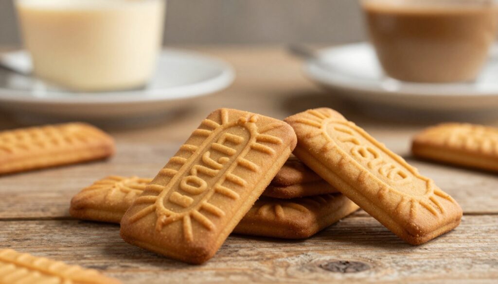 A close-up view of a delightful arrangement of Lotus Biscoff cookies artistically stacked on a rustic wooden table. The cookies have a rich caramel color with their signature embossed patterns clearly visible. In the background, softly blended colors of cream and coffee hint at the creamy no-bake dessert concept, evoking a cozy, warm kitchen atmosphere. The image is lit with gentle, diffused daylight, casting soft shadows that add depth and inviting warmth. A shallow depth of field keeps the focus on the cookies while softly blurring the background, creating a serene mood. This composition perfectly encapsulates the essence of the essential ingredients for a delectable cookie butter dessert. No text or overlays present.