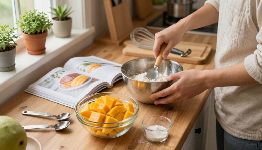 A cozy kitchen scene featuring a cozy wooden countertop, where a person in modest casual clothing is attentively measuring ingredients for a mango cake. In the foreground, a glass bowl filled with vibrant, ripe mango chunks and a measuring cup with flour and sugar are prominently displayed, surrounded by measuring spoons and a whisk. The middle section showcases an open recipe book with a beautiful photo of a mango cake, and a mixing bowl in the process of being filled. In the background, soft natural light streams in through a window, illuminating potted herbs and baking tools on shelves, creating a warm and inviting atmosphere. The angle is slightly above, capturing the action of measuring, evoking a sense of homeliness and culinary inspiration.