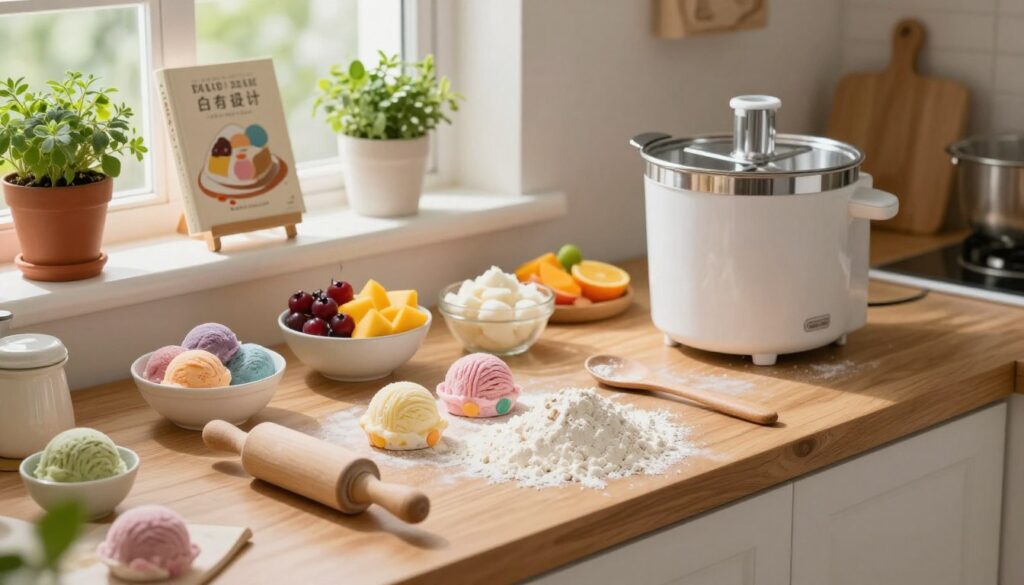 A cozy kitchen workspace prepared for making mochi ice cream. In the foreground, a clean wooden countertop displays essential tools: a rolling pin, small bowls filled with colorful ice cream scoops, and a mound of glutinous rice flour. The middle ground reveals a neatly organized array of ingredients, including fresh fruit, sweet fillings, and an ice cream maker. In the background, soft natural light streams through a window, highlighting cheerful potted herbs and an inviting cookbook on a stand, setting an atmosphere of warmth and culinary creativity. Capture this scene from a slightly elevated angle to give depth, emphasizing the kitchen's inviting charm and the delightful preparation process. The mood is lively and inspiring, illustrating the joy of homemade dessert-making.
