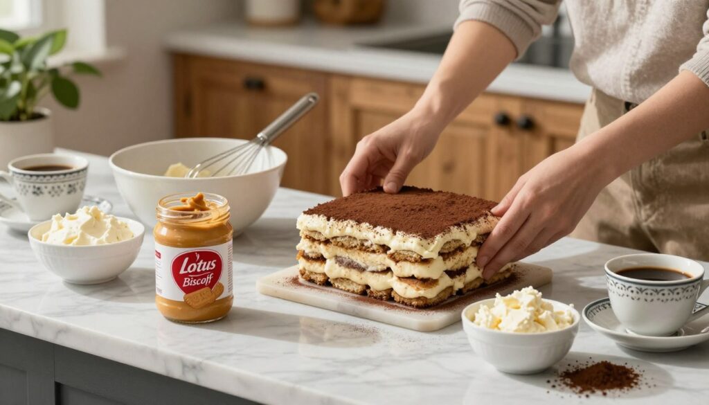 A cozy kitchen workspace set up for preparing no bake tiramisu. In the foreground, a clean, marble countertop adorned with ingredients like a jar of creamy Lotus Biscoff cookie butter, a bowl of mascarpone cheese, and fresh coffee. A well-used mixing bowl with a whisk rests nearby, while decorative coffee cups and a small glass of cocoa powder are placed tactfully. The middle features a hand carefully layering the tiramisu, with soft, flattering natural light illuminating the scene, casting gentle shadows. In the background, rustic wooden cabinets and soft greenery suggest a warm, inviting atmosphere, enhancing the feeling of a joyful, productive baking session. The overall mood is vibrant and inspiring, ready to evoke creativity in dessert preparation.