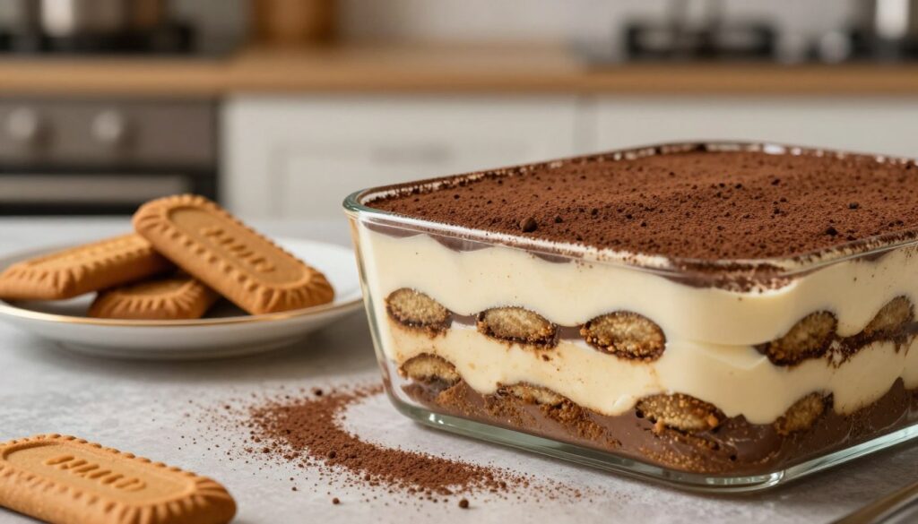 A delectable Lotus Biscoff tiramisu served in an elegant glass dish, showcasing its creamy layers. The foreground features a close-up of the dessert, highlighting the rich, smooth chocolate and mascarpone layers interspersed with crumbled Lotus Biscoff cookies. Soft, inviting lighting enhances the texture, casting a gentle glow on the layers. In the middle, a stylish plate with whole Biscoff cookies and a dusting of cocoa powder adds interest. The background features a blurred kitchen setting with warm tones, suggesting a cozy, inviting atmosphere. The overall mood is indulgent and inviting, perfect for a dessert that promises a creamy, no-bake delight.