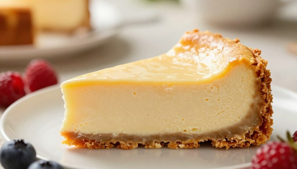 A perfectly baked cheesecake slice showcases an ideal creamy texture, with a smooth, glossy surface glistening under warm, soft lighting. The foreground features a close-up of the cheesecake, revealing its dense, velvety consistency and subtle cracks that indicate a gentle bake. In the middle, a lightly graham cracker crust provides a contrasting crumbly texture, complementing the rich filling. In the background, a blurred kitchen setting is illuminated by natural light filtering through a window, suggesting a warm, inviting atmosphere. A few fresh berries are artfully placed nearby to enhance color and freshness. The angle is slightly elevated to emphasize the cheesecake's height and creamy layers, inviting the viewer to indulge in its decadent allure.