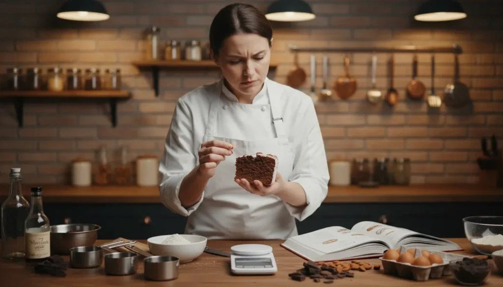A professional kitchen scene focused on troubleshooting baking challenges. In the foreground, a focused baker in a neat apron examines an almond flour chocolate cake, noting its texture and appearance with a contemplative expression. The middle layer features a countertop with useful baking tools: measuring cups, a digital scale, and open cookbooks. Various almond flour and chocolate ingredients are also displayed, emphasizing the baking process. In the background, a warm, inviting kitchen with soft lighting highlights a wall of spice jars and hanging utensils. Use a shallow depth of field to keep the baker and countertop in sharp focus while softly blurring the background, creating a cozy and engaging atmosphere that inspires confidence in mastering baking techniques. A professional kitchen scene focused on troubleshooting baking challenges. In the foreground, a focused baker in a neat apron examines an almond flour chocolate cake, noting its texture and appearance with a contemplative expression. The middle layer features a countertop with useful baking tools: measuring cups, a digital scale, and open cookbooks. Various almond flour and chocolate ingredients are also displayed, emphasizing the baking process. In the background, a warm, inviting kitchen with soft lighting highlights a wall of spice jars and hanging utensils. Use a shallow depth of field to keep the baker and countertop in sharp focus while softly blurring the background, creating a cozy and engaging atmosphere that inspires confidence in mastering baking techniques.