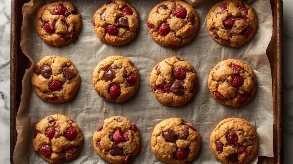 Fresh baked raspberry chocolate chunk cookies on baking tray