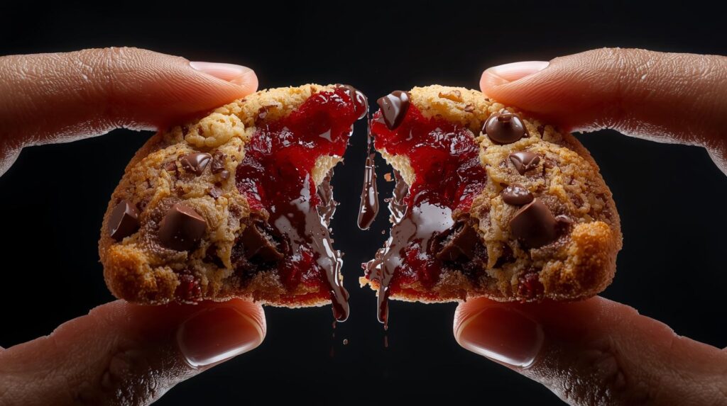 Gooey chocolate raspberry cookie broken open with melted center