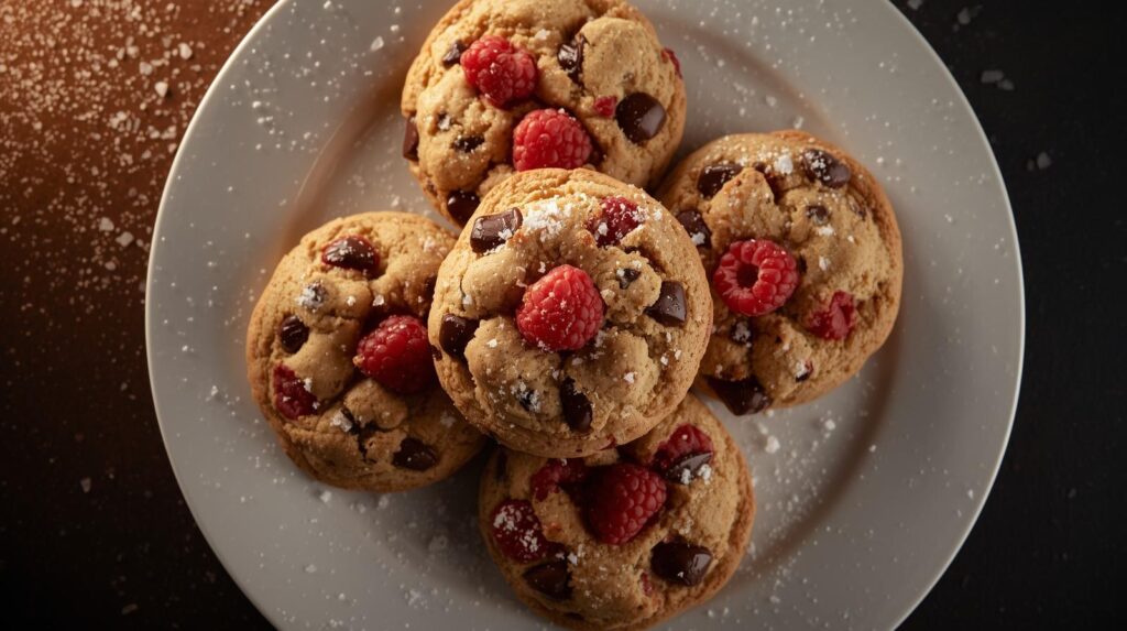 Gooey raspberry chocolate chunk cookies with fresh raspberries