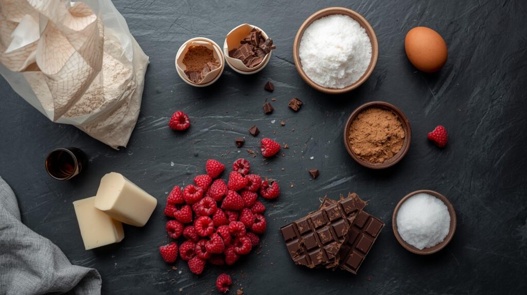 Ingredients for homemade raspberry chocolate chunk cookies flat lay