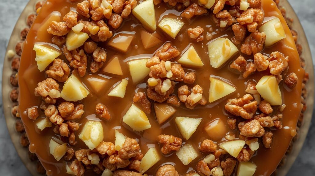 Homemade caramel apple layer cake on white stand
with cream cheese frosting caramel drizzle
and walnut topping in warm natural light