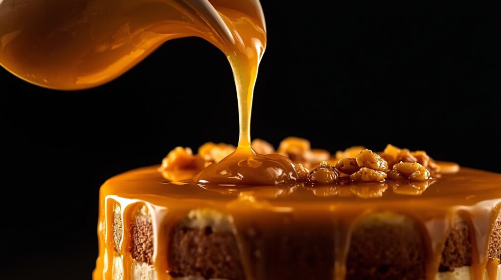 Top view of caramel apple layer cake decorated with
chopped toasted walnuts fresh diced green apple pieces
and golden caramel pools on top