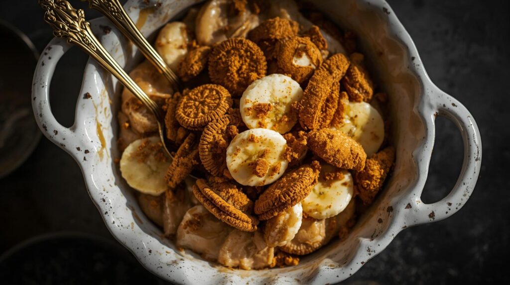 close-up of creamy banana pudding with biscoff cookie crumbles and caramel spiced topping