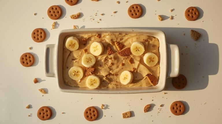 biscoff banana pudding in a white ceramic dish topped with whole Biscoff cookies and fresh banana slices