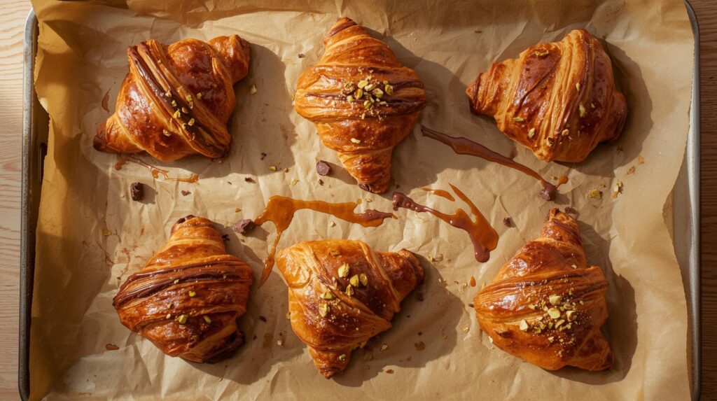 homemade pistachio chocolate croissant baking