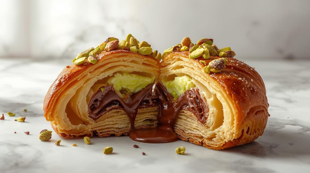 Fresh homemade pistachio chocolate croissants with crispy layers and creamy pistachio filling.