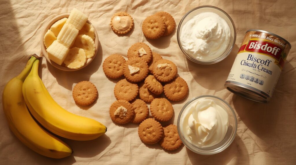 ingredients for easy biscoff banana pudding including Biscoff cookies, ripe bananas, condensed milk, and heavy cream