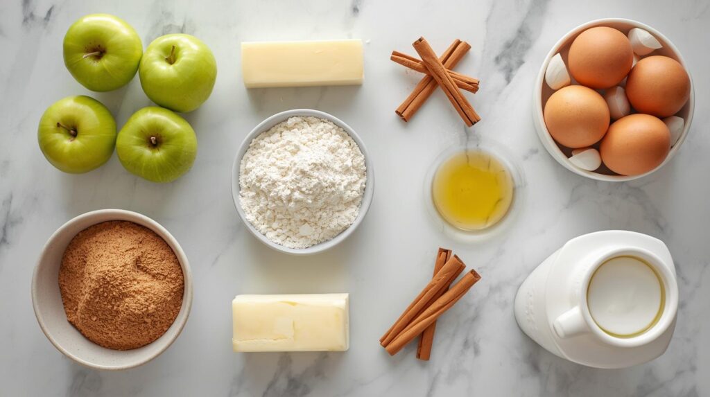 Flat lay of all ingredients for homemade caramel apple
layer cake including green apples flour butter eggs
and cinnamon on white marble