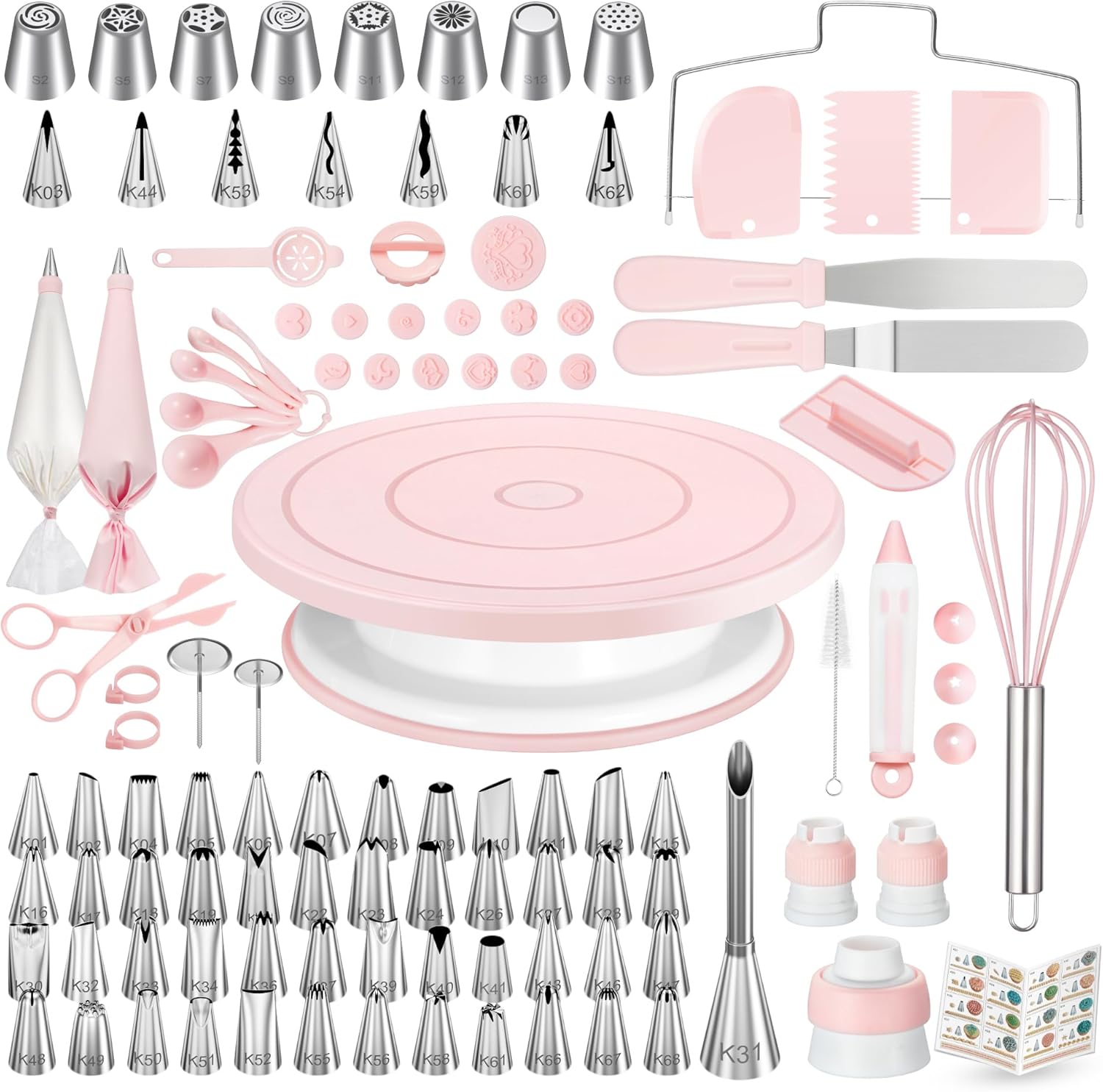 Professional cake decorating kit 100 pieces pink turntable stainless steel piping tips spatulas