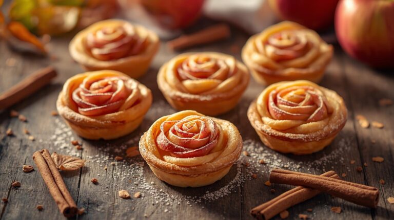 Hands preparing puff pastry apple roses tarts by arranging thin apple slices on puff pastry strips before rolling into rose shapes