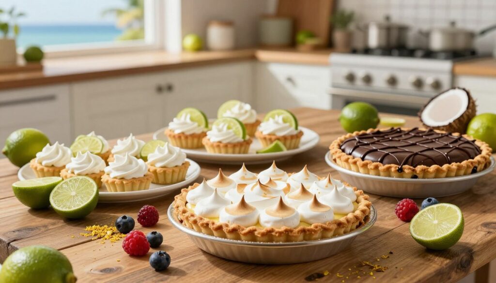 A beautiful display of alternative lime pie variations on a rustic wooden table. In the foreground, highlight a classic key lime pie with a fluffy meringue topping, accompanied by a coconut lime pie drizzled with dark chocolate. The middle ground features mini key lime tarts, decorated with fresh lime slices and whipped cream. Surrounding these are vibrant ingredients like fresh limes, colorful berries, and a sprinkle of zest, enhancing the appeal. In the background, a soft-focus view of a coastal kitchen filled with natural light, hinting at a sunny day. The atmosphere is inviting and cheerful, capturing the essence of fun summer gatherings. The lighting should be warm, and the angle slightly tilted to create an engaging perspective, focusing on the pies while giving a sense of abundance.
