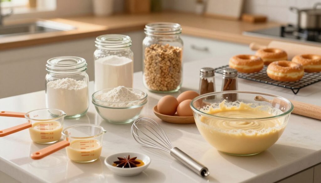 A beautiful, well-lit kitchen countertop filled with essential tools and key ingredients for baking homemade donuts without yeast. In the foreground, display a set of measuring cups, a whisk, and a mixing bowl with a creamy batter. In the middle ground, arrange key ingredients like flour, sugar, baking powder, and eggs in aesthetically pleasing glass jars, alongside a small dish of vanilla extract and a cinnamon shaker. The background showcases soft, out-of-focus kitchen elements like a rolling pin and a cooling rack with a few freshly baked donuts. The lighting is warm and inviting, hinting at a late afternoon glow, enhancing the cozy, homey atmosphere of baking. The scene should evoke a sense of creativity and warmth, perfect for an enthusiastic baker.