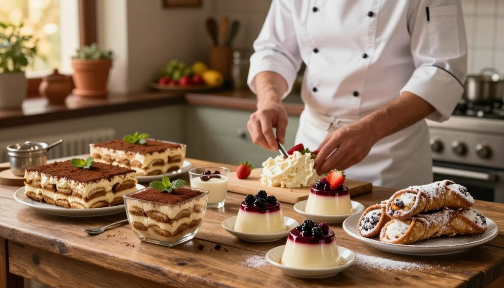 A beautifully arranged Italian dessert spread on a rustic wooden table. In the foreground, showcase an assortment of authentic Italian desserts, like Tiramisu in elegant glass cups, Panna Cotta with berry sauce, and Cannoli sprinkled with powdered sugar. The middle section features a chef in a white apron and a chef’s hat, preparing a dessert with fresh ingredients, such as mascarpone and strawberries, exuding passion and authenticity. In the background, a softly lit kitchen setting with terracotta pots and colorful ingredients adds warmth to the scene. The lighting is warm and inviting, simulating golden hour, creating a cozy atmosphere. The image should evoke a sense of tradition and culinary joy, making the viewer feel part of an authentic Italian dessert-making experience.