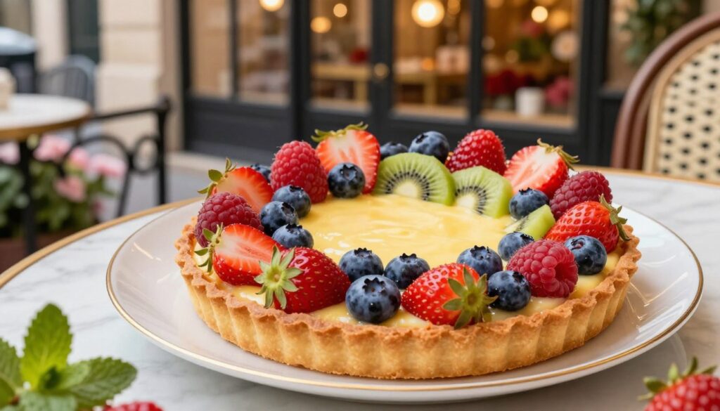 A beautifully arranged Parisian fruit tart sits at the forefront, showcasing a golden, flaky crust filled with creamy custard. The tart is topped with an array of vibrant, fresh fruits like strawberries, blueberries, raspberries, and kiwi, artfully arranged in a circular pattern. In the middle ground, a delicate porcelain dessert plate complements the tart's colors, while a sprig of mint adds a fresh touch. The background features a soft-focus view of a charming Parisian café, with hints of intricate ironwork and blooming flowers framing the scene. The lighting is warm and inviting, creating a cozy atmosphere, ideal for celebrating a birthday. The angle is slightly elevated, offering a delightful view of the tart's details. The overall mood is festive and inviting, evoking a sense of joy and celebration.