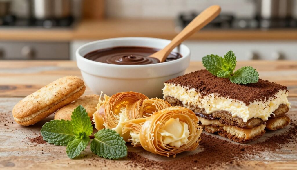 A beautifully arranged assortment of ingredients for a fusion dessert, featuring vibrant colors and textures. In the foreground, a golden-brown kunafa pastry nest, crispy and flaky, elegantly entwined with layers of creamy mascarpone and espresso soaked ladyfingers from the tiramisu. Fresh mint leaves and aromatic cocoa powder sprinkle between these items, adding a touch of freshness. In the middle, a clean white ceramic bowl filled with rich dark chocolate sauce and a wooden spoon beside it. The background features a softly blurred kitchen setting with warm, ambient lighting that evokes a cozy and inviting atmosphere. A hint of a rustic wooden countertop adds warmth. The scene captures the essence of indulgence and creativity in dessert making, inviting the viewer to explore the delicious possibilities. A beautifully arranged assortment of ingredients for a fusion dessert, featuring vibrant colors and textures. In the foreground, a golden-brown kunafa pastry nest, crispy and flaky, elegantly entwined with layers of creamy mascarpone and espresso soaked ladyfingers from the tiramisu. Fresh mint leaves and aromatic cocoa powder sprinkle between these items, adding a touch of freshness. In the middle, a clean white ceramic bowl filled with rich dark chocolate sauce and a wooden spoon beside it. The background features a softly blurred kitchen setting with warm, ambient lighting that evokes a cozy and inviting atmosphere. A hint of a rustic wooden countertop adds warmth. The scene captures the essence of indulgence and creativity in dessert making, inviting the viewer to explore the delicious possibilities.