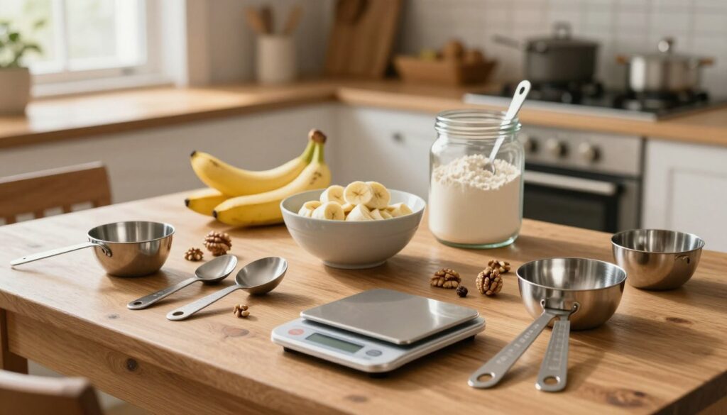 A beautifully arranged baking scene depicting essential measurement tools for vegan baking. In the foreground, a rustic wooden table holds a variety of measuring cups and spoons made of stainless steel, along with a digital kitchen scale, all meticulously placed. In the middle, a bowl filled with mashed bananas sits beside a container of flour, with ingredients like walnuts and vanilla extract artistically scattered around. The background features soft-focus kitchen elements, such as a warm oven and cozy baking utensils, bathed in warm, natural light from a nearby window. The atmosphere is inviting and homey, capturing the essence of a relaxing baking session. The angle is slightly elevated, giving a comprehensive view of the setup, while emphasizing the joy of measuring and preparing for a delicious vegan banana nut bread. A beautifully arranged baking scene depicting essential measurement tools for vegan baking. In the foreground, a rustic wooden table holds a variety of measuring cups and spoons made of stainless steel, along with a digital kitchen scale, all meticulously placed. In the middle, a bowl filled with mashed bananas sits beside a container of flour, with ingredients like walnuts and vanilla extract artistically scattered around. The background features soft-focus kitchen elements, such as a warm oven and cozy baking utensils, bathed in warm, natural light from a nearby window. The atmosphere is inviting and homey, capturing the essence of a relaxing baking session. The angle is slightly elevated, giving a comprehensive view of the setup, while emphasizing the joy of measuring and preparing for a delicious vegan banana nut bread.