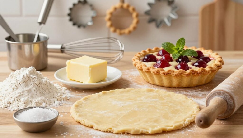 A beautifully arranged collection of baking essentials for making a flaky pie crust, focusing on tips and tricks for a superior outcome. In the foreground, display ingredients like flour, butter, salt, and a rolling pin, with a partially rolled-out dough resting atop a wooden surface. In the middle, include a delicate cherry pie mini tart to showcase the results, garnished with a sprig of mint for a pop of color. In the background, softly blurred kitchen tools such as measuring cups, a whisk, and decorative pie crust designs hang on the wall. The lighting is warm and inviting, highlighting the textures of the dough and the gloss of the mini tart, creating a cozy baking atmosphere. Capture the scene from a slightly elevated angle to give depth and focus to the tips for achieving a perfect flaky crust.