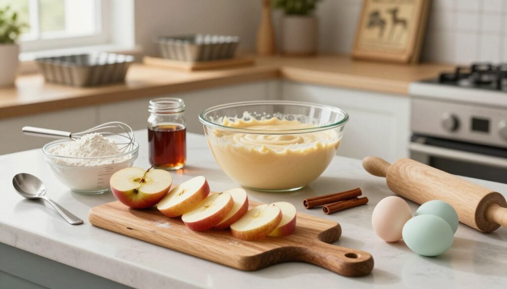 A beautifully arranged countertop showcasing essential baking ingredients and tools for making a homemade apple cake. In the foreground, display a rustic wooden cutting board with fresh, sliced apples, a bowl of flour, sugar, and a whisk. Include measuring cups and spoons, a rolling pin, and eggs in delicate, pastel colors. The middle ground features a mixing bowl filled with a creamy batter, with a few scattered cinnamon sticks and a jar of vanilla extract nearby. In the background, softly lit kitchen shelves hold baking tins and a vintage cookbook. Natural light filters through a nearby window, creating a warm and inviting atmosphere, highlighting the textures and colors of the ingredients. Capture this scene from a slightly elevated angle to emphasize depth and organization. The overall mood should feel cozy and encouraging, perfect for inspiring a baking adventure.