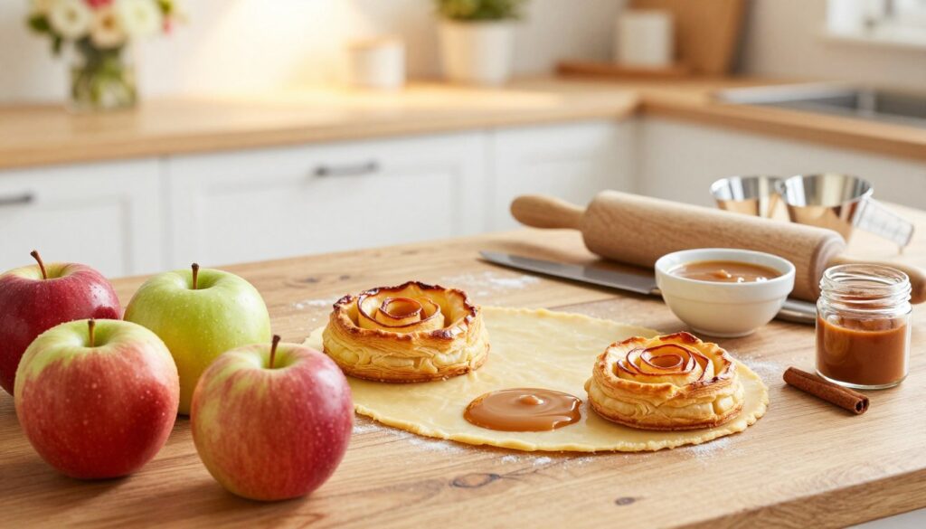 A beautifully arranged countertop showcasing essential ingredients and tools for making irresistible puff pastry apple rose tarts. In the foreground, vibrant, plump red and green apples, freshly rolled sheets of golden puff pastry, a bowl of smooth caramel sauce, and a small jar of cinnamon. In the middle, essential tools like a rolling pin, a sharp knife, a pastry cutter, and measuring cups, all gleaming on a rustic wooden surface. The background features soft-focus kitchen elements like a bouquet of flowers and warm, gentle overhead lighting that creates a cozy, inviting atmosphere, evoking the joy of baking. The overall composition emphasizes warmth and creativity, with natural light illuminating the textures and colors of the ingredients and tools.