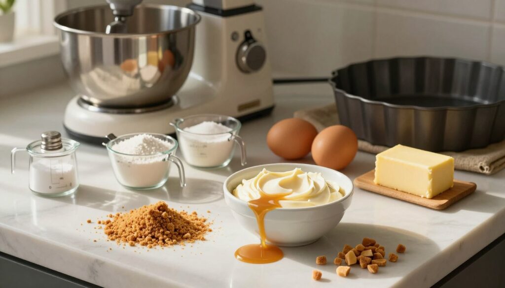 A beautifully arranged countertop showcasing the essential ingredients and tools for making a caramel crunch cheesecake. In the foreground, display rich graham cracker crumbs, a bowl of smooth cream cheese, golden caramel sauce drizzled artistically, and crunchy toffee bits for texture. The middle layer features measuring cups filled with sugar, flour, and a pinch of salt, along with fresh eggs and a stick of butter. In the background, a high-quality mixer and springform pan signify the baking tools necessary for this dessert. Soft, warm natural lighting streams in from the side, casting gentle shadows that enhance the ingredients' textures. The atmosphere is inviting and cozy, evoking a sense of delicious anticipation for the cheesecake creation process.
