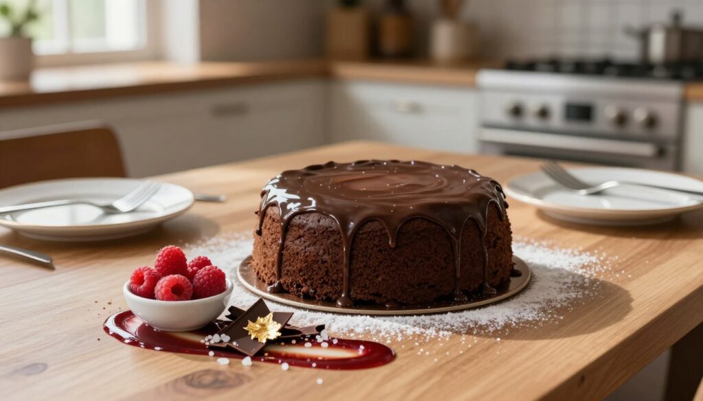 A beautifully arranged dessert table showcasing a flourless moist chocolate cake as the centerpiece, gleaming with rich, fudgy ganache. In the foreground, various creative toppings are artfully presented: a bowl of fresh raspberries, a sprinkle of sea salt, edible gold leaf accents, rich chocolate shavings, and a dusting of powdered sugar. To the side, delicate sauces, such as raspberry coulis and caramel drizzle, flow in elegant designs. The middle ground features elegant dessert plates ready to serve, paired with stylish forks. The background is softly blurred, highlighting a warm, inviting kitchen atmosphere with natural light filtering through a window, casting gentle shadows. The mood is cozy and indulgent, perfect for a special occasion or a delightful treat at home.