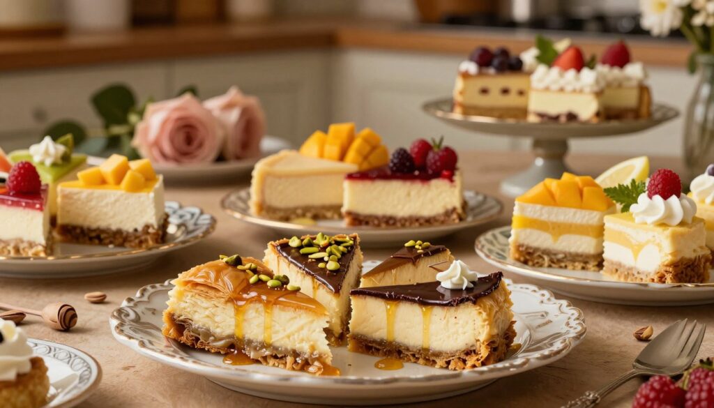 A beautifully arranged dessert table showcasing an array of baklava cheesecakes with various flavor variations. In the foreground, display slices of classic baklava cheesecake adorned with honey drizzles, pistachios, and chocolate ganache. Include vibrant fruity variations, such as raspberry, mango, and lemon-infused cheesecakes, each topped with fresh fruit and whipped cream. The middle ground features decorative elements like ornate plates, floral accents, and a cozy, inviting atmosphere. Warm, soft lighting casts a golden hue over the scene, enhancing the elegance of the desserts. In the background, gently blurred hints of a rustic kitchen setting add a homey touch, inviting viewers to explore these delicious flavor options.
