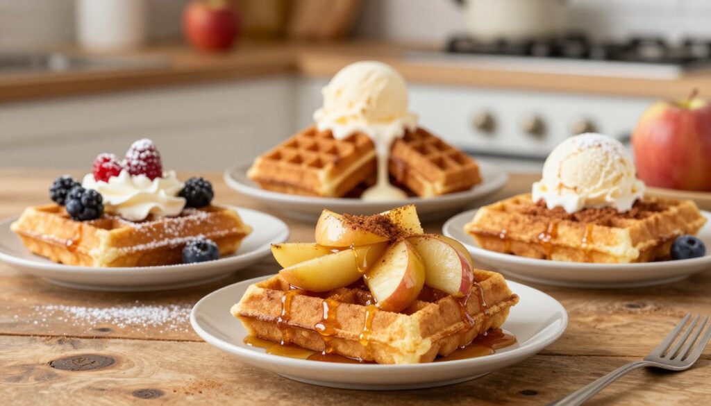 A beautifully arranged display of creative apple waffle variations, presented on a rustic wooden table. In the foreground, feature a stack of golden-brown waffles topped with caramelized apple slices, drizzled with warm maple syrup, and sprinkled with cinnamon. Beside it, show waffles adorned with fresh berries, whipped cream, and a dusting of powdered sugar. In the middle ground, include an elegant plate of apple cinnamon waffles with a scoop of vanilla ice cream melting on top. The background consists of a softly blurred kitchen setting with warm lighting, evoking a cozy breakfast atmosphere. Use a soft focus lens to enhance the warmth, capturing the textures of the waffles and the vibrancy of the apple toppings, creating an inviting and delicious mood.