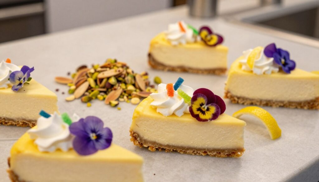 A beautifully arranged display of creative lemon cheesecake toppings. In the foreground, showcase slices of creamy lemon cheesecake adorned with visual delights: a dollop of zesty whipped cream, colorful candied lemon peel, and vibrant edible flowers like violets and pansies. In the middle, include a scattering of crispy almond slivers and crushed pistachios for texture. The background features a soft-focus kitchen countertop with subtle, warm lighting that creates a cozy atmosphere. The angle should be a slight overhead view, capturing the vibrant colors and intricate details of the toppings, evoking a sense of indulgence and creativity that excites the viewer's appetite for delightful dessert ideas.