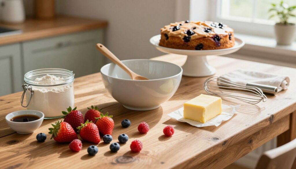 A beautifully arranged display of essential ingredients and equipment for making a homemade vanilla berry cake. In the foreground, a rustic wooden table features fresh strawberries, blueberries, and raspberries, alongside a small bowl of vanilla extract. A container of flour and a stick of butter sit nearby, with a whisk and measuring cups laid out neatly. In the middle, an elegant mixing bowl and a wooden spoon hint at the baking process, while a delicate cake stand waits in the background for the finished cake. Soft, natural light streams in from a nearby window, casting gentle shadows that enhance the inviting atmosphere, evoking a warm, homey feel. The angle is slightly from above, capturing the entire scene in a cozy kitchen setting.
