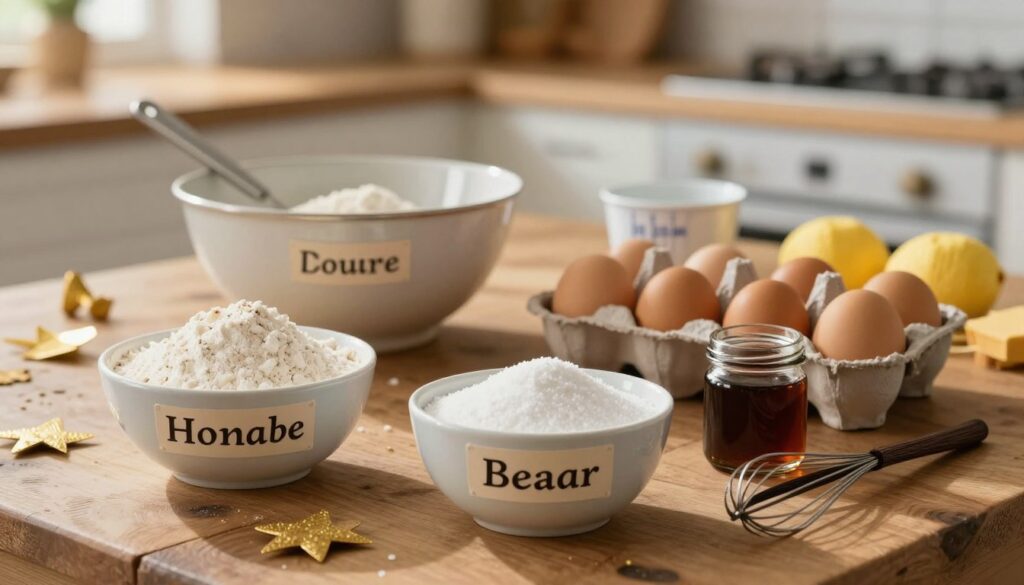 A beautifully arranged display of essential ingredients for homemade cake mix on a rustic wooden table. In the foreground, there are bowls of flour, granulated sugar, and baking powder, each labeled in a charming font. A carton of eggs sits beside a small jar of vanilla extract, with a whisk artistically positioned nearby. In the middle ground, a vintage mixing bowl and measuring cups are set against a backdrop of scattered gold and yellow cake decorations, capturing a warm and inviting atmosphere. Soft, natural lighting filters in from the left, creating gentle shadows and highlighting the textures of the ingredients. The image is framed with a shallow depth of field, making the ingredients pop against a softly blurred kitchen setting in the background, evoking a cozy, homemade baking vibe.