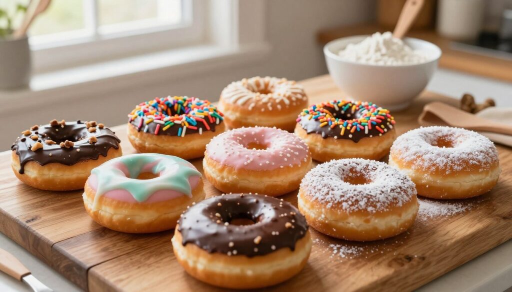 A beautifully arranged display of homemade donuts featuring a variety of glazing, coating, and topping options. In the foreground, a selection of donuts with shiny chocolate glaze, pastel icing, and a dusting of powdered sugar. Some are topped with vibrant rainbow sprinkles, crushed nuts, and coconut flakes. The middle ground includes a rustic wooden table surface, enhancing the homemade feel. The background is softly blurred with cozy kitchen elements, such as a bowl of flour and kitchen utensils, suggesting a warm baking atmosphere. Soft, diffused sunlight streams in from a window, creating a welcoming, inviting mood. The camera angle is slightly above the table, giving a clear view of the delectable options without any text or distractions.